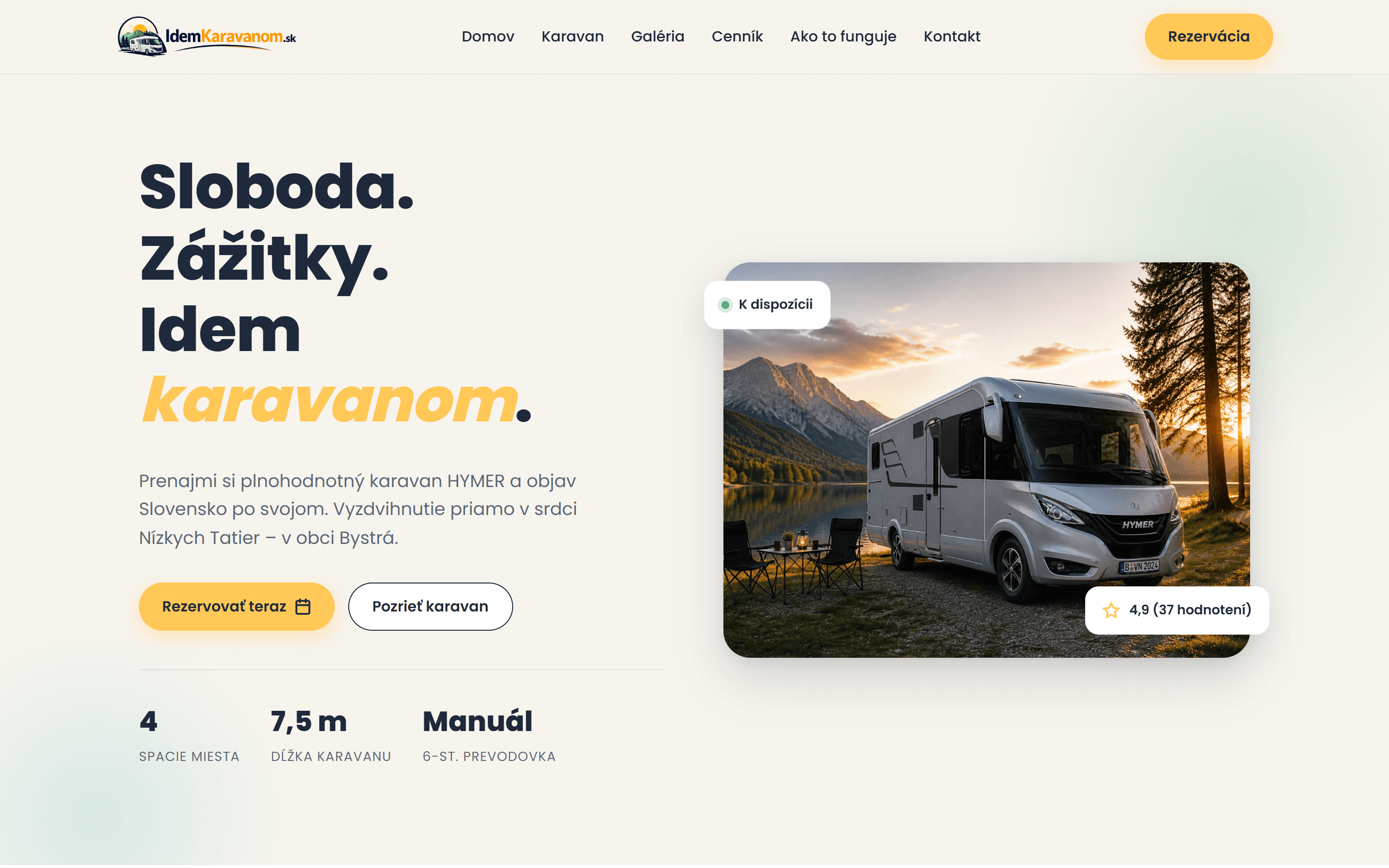Jednostránkový web s online rezerváciou pre prenájom karavanu HYMER