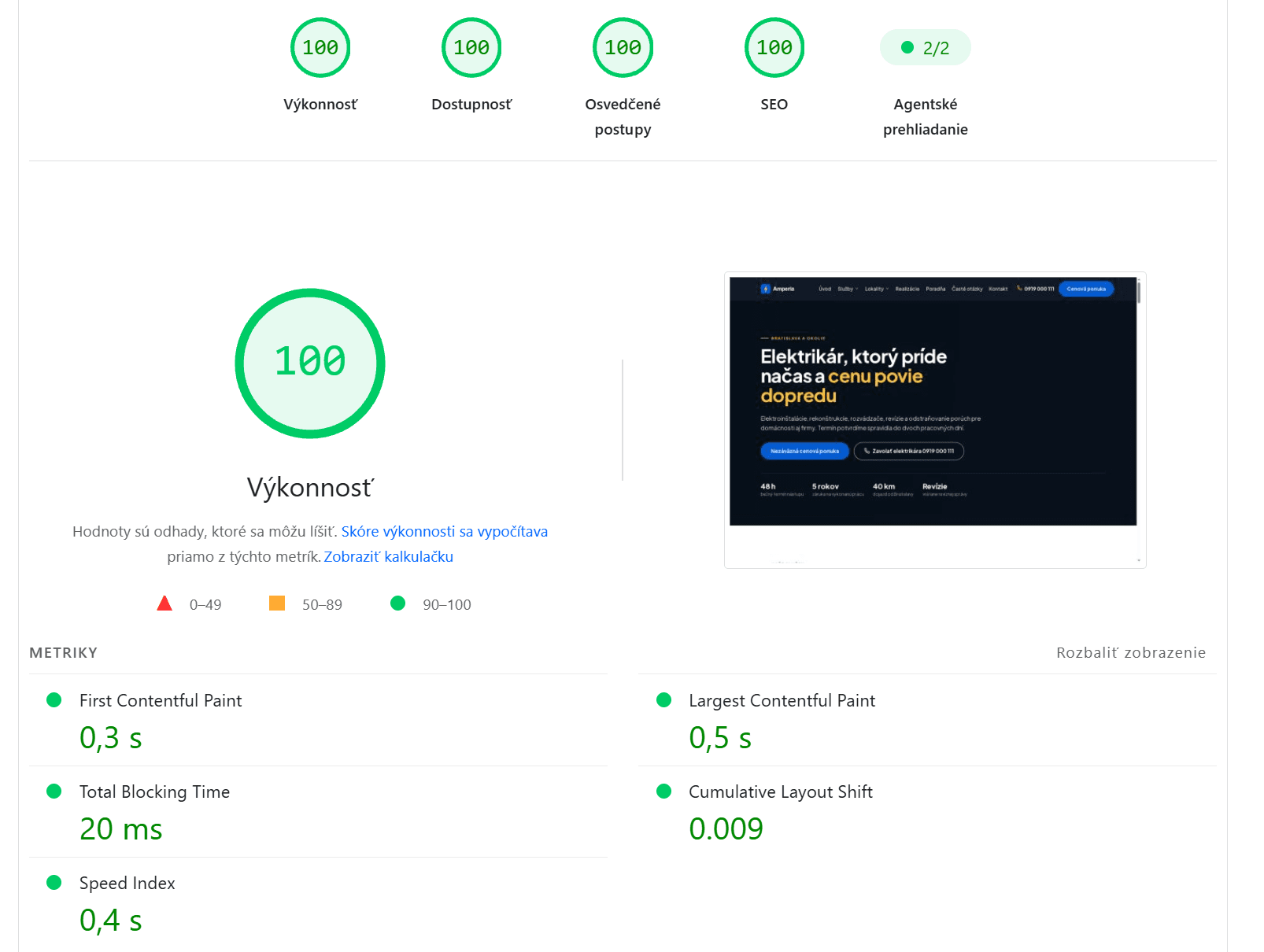 Výsledok Google PageSpeed Insights pre demo e-shop - Výkonnosť 100, SEO 100